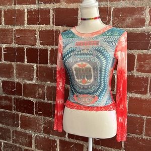 Multicolor medallion mesh, long sleeve T-shirt
